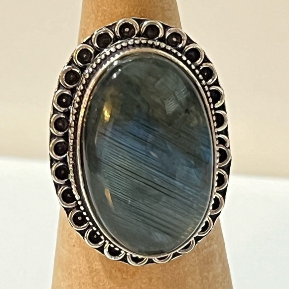 Hand Crafted Jewelry - STATEMENT GEMSTONE RING SILVER OVERLAY BLUE FLASH LABRADORITE SIZE 8.25